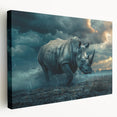 Side view of a stretched canvas wall art featuring a detailed design of a rhinoceros in a natural habitat, showcasing earthy tones and intricate textures, perfect for wildlife enthusiasts.
