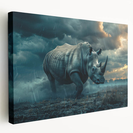 Side view of a stretched canvas wall art featuring a detailed design of a rhinoceros in a natural habitat, showcasing earthy tones and intricate textures, perfect for wildlife enthusiasts.
