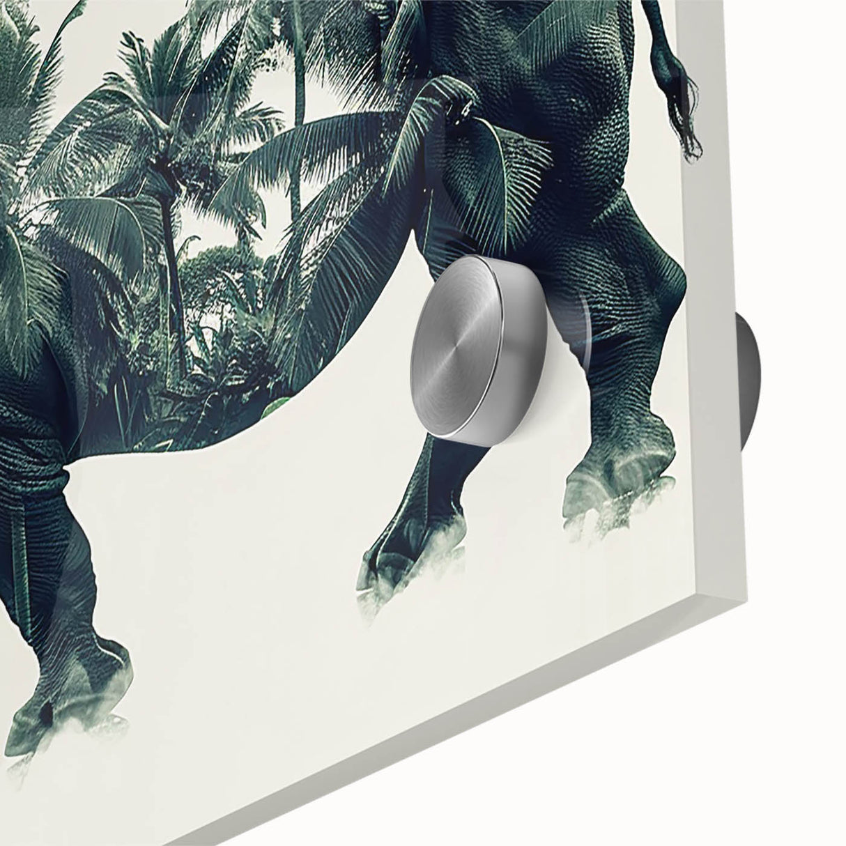 Close-up of a striking rhinoceros wall art design, featuring bold colors and intricate details on acrylic glass, ideal for wildlife enthusiasts and modern decor.