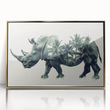 Framed wall art featuring a striking gold-accented rhinoceros design, showcasing intricate details and textures, perfect for wildlife enthusiasts and modern decor.