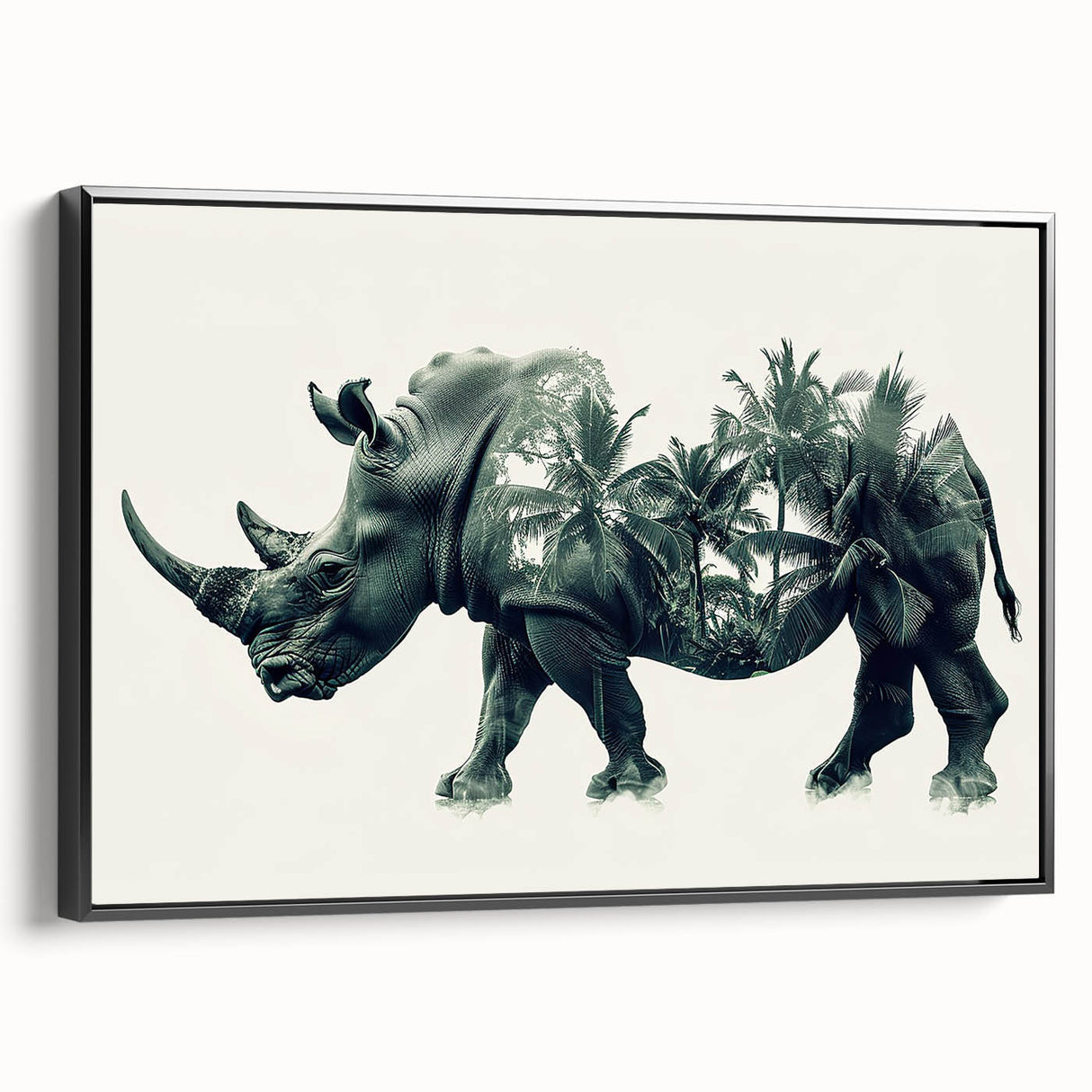 Framed canvas wall art featuring a side view of a majestic rhinoceros, showcasing intricate details and a sleek black background, perfect for wildlife decor enthusiasts.