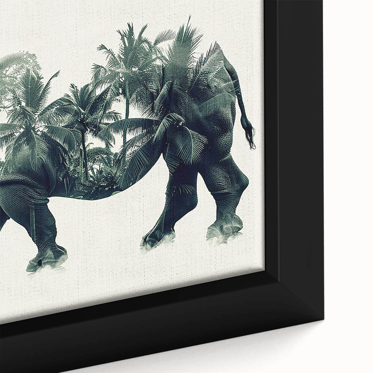 Close-up of a framed canvas wall art showcasing a detailed design of a rhinoceros, featuring vibrant colors and intricate textures, perfect for wildlife enthusiasts.