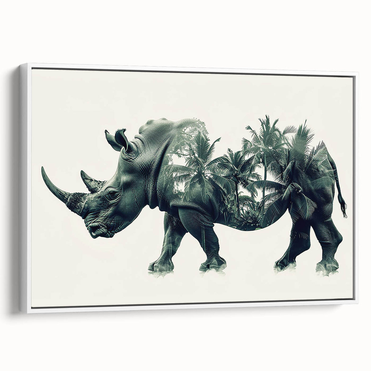 Framed canvas wall art featuring a side view of a rhinoceros in a minimalist design, showcasing earthy tones and intricate textures, perfect for wildlife enthusiasts.