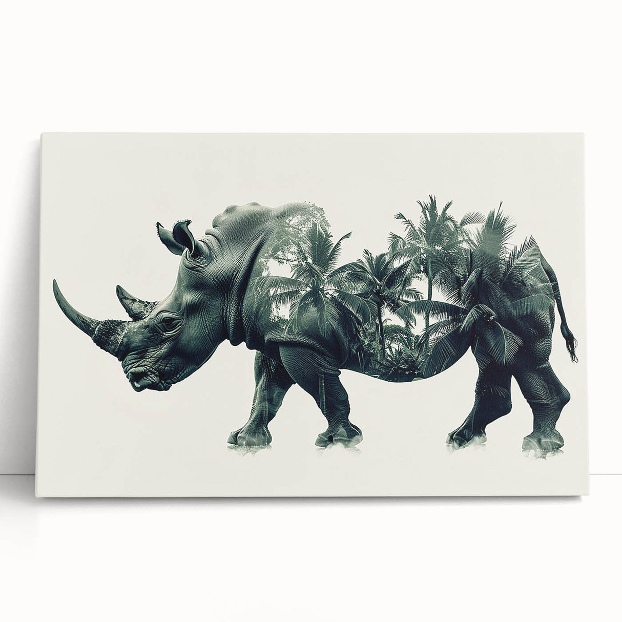 Stretched canvas wall art featuring a detailed illustration of a rhinoceros in a vibrant wildlife scene, ideal for animal lovers and home decor enthusiasts.