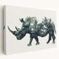 Stretched canvas wall art depicting a side view of a rhinoceros in a natural setting, showcasing intricate details and vibrant colors, ideal for wildlife enthusiasts.