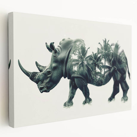 Stretched canvas wall art depicting a side view of a rhinoceros in a natural setting, showcasing intricate details and vibrant colors, ideal for wildlife enthusiasts.