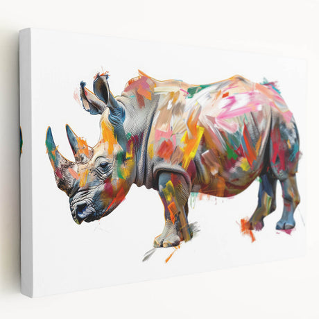 Side view of a stretched canvas wall art featuring a detailed illustration of a rhinoceros in a natural setting, showcasing vibrant colors and textures, ideal for wildlife enthusiasts.