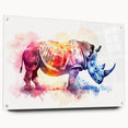 Side view of a modern acrylic glass wall art piece featuring a detailed rhinoceros design, showcasing vibrant colors and intricate textures, ideal for wildlife enthusiasts.