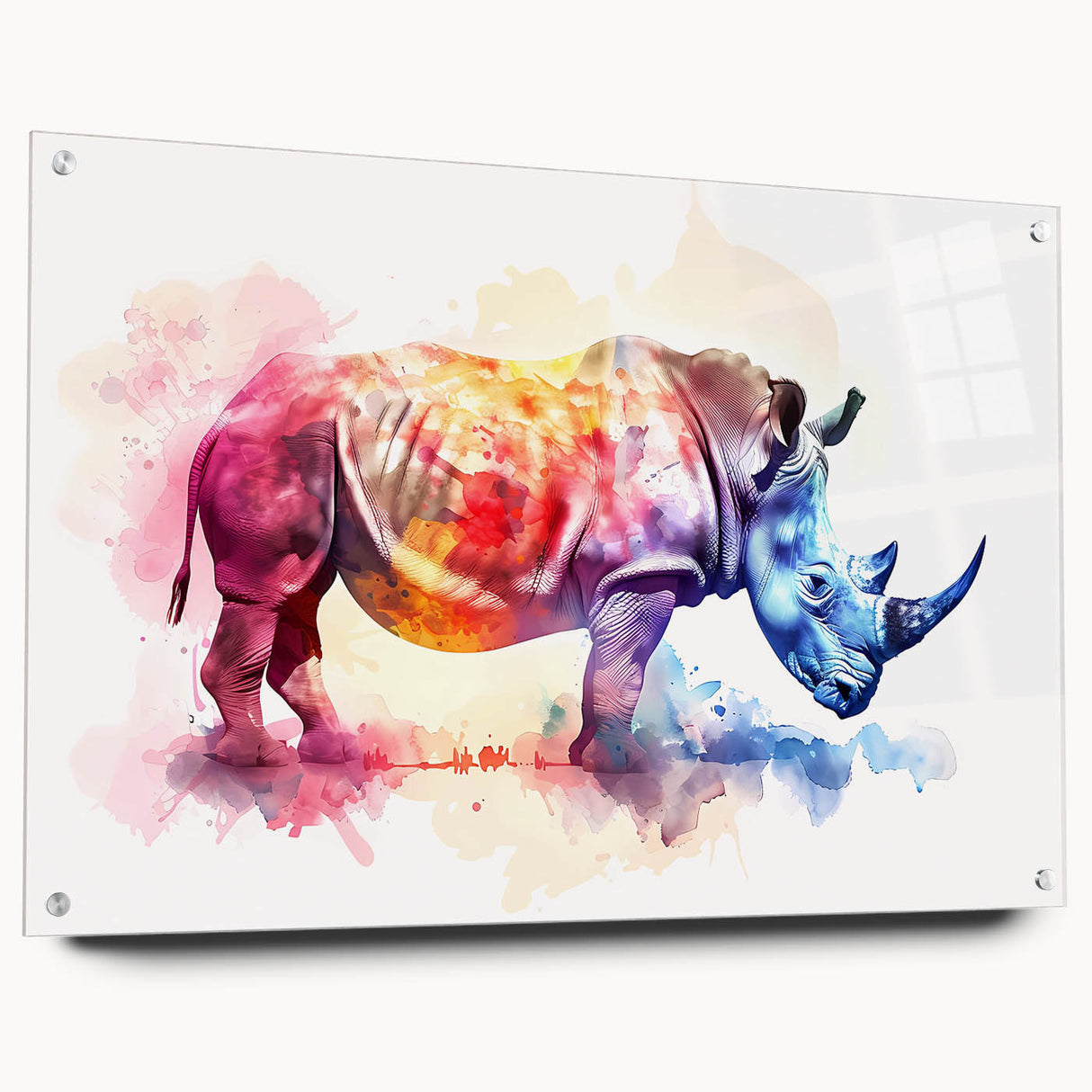 Side view of a modern acrylic glass wall art piece featuring a detailed rhinoceros design, showcasing vibrant colors and intricate textures, ideal for wildlife enthusiasts.