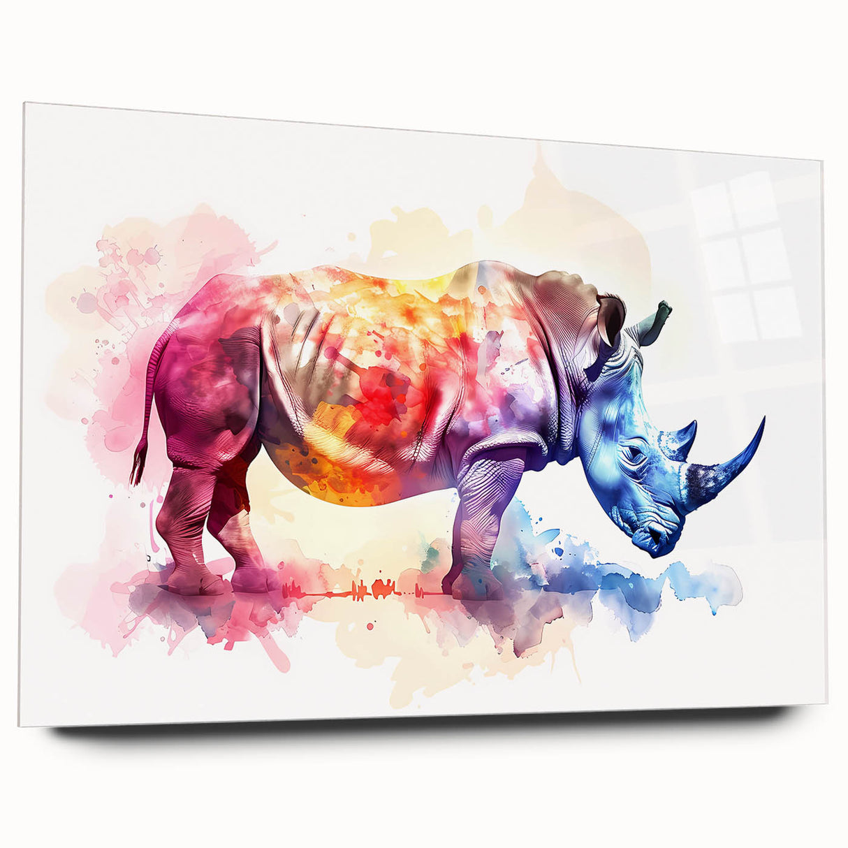 Side view of a striking rhinoceros wall art design featuring vibrant colors and intricate details, displayed on acrylic glass, perfect for wildlife enthusiasts.