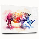 Side view of a striking rhinoceros wall art design featuring vibrant colors and intricate details, displayed on acrylic glass, perfect for wildlife enthusiasts.