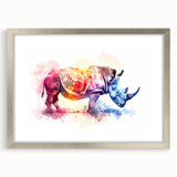 Framed wall art featuring a detailed design of a rhinoceros, showcasing intricate textures and a silver frame, ideal for wildlife enthusiasts and home decor.