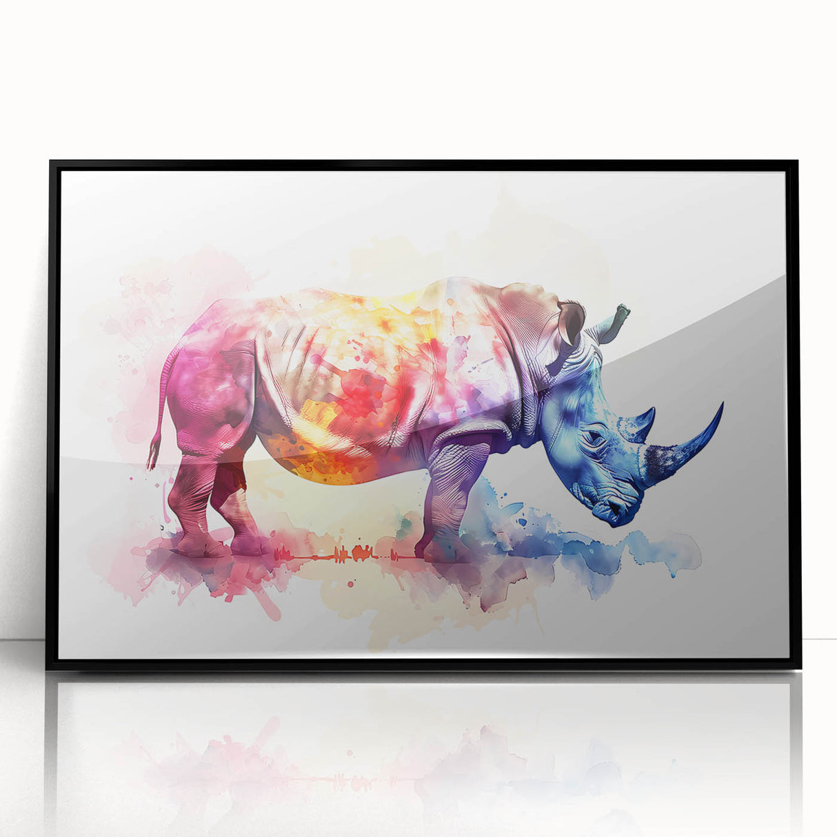 Framed wall art featuring a striking black and white design of a rhinoceros, showcasing intricate details and textures, perfect for wildlife enthusiasts’ décor.