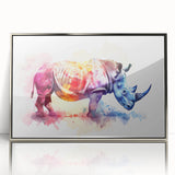 Framed wall art featuring a striking silver-accented rhinoceros design, showcasing intricate details and textures that embody wildlife artistry. Perfect for animal lovers.