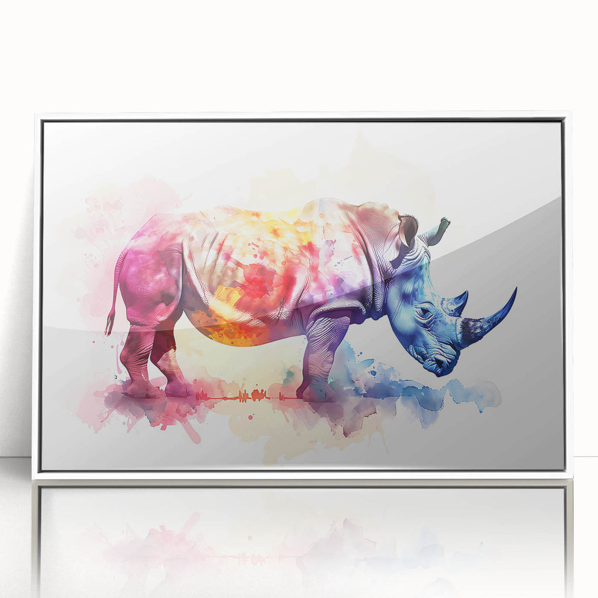 Framed wall art featuring a striking white-front view of a rhinoceros, showcasing its detailed textures and lifelike features, perfect for wildlife enthusiasts' decor.