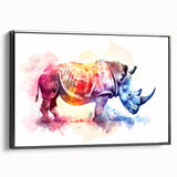 Framed wall art showcasing a side view of a black rhinoceros, emphasizing its unique features and textures, perfect for animal lovers and wildlife decor enthusiasts.