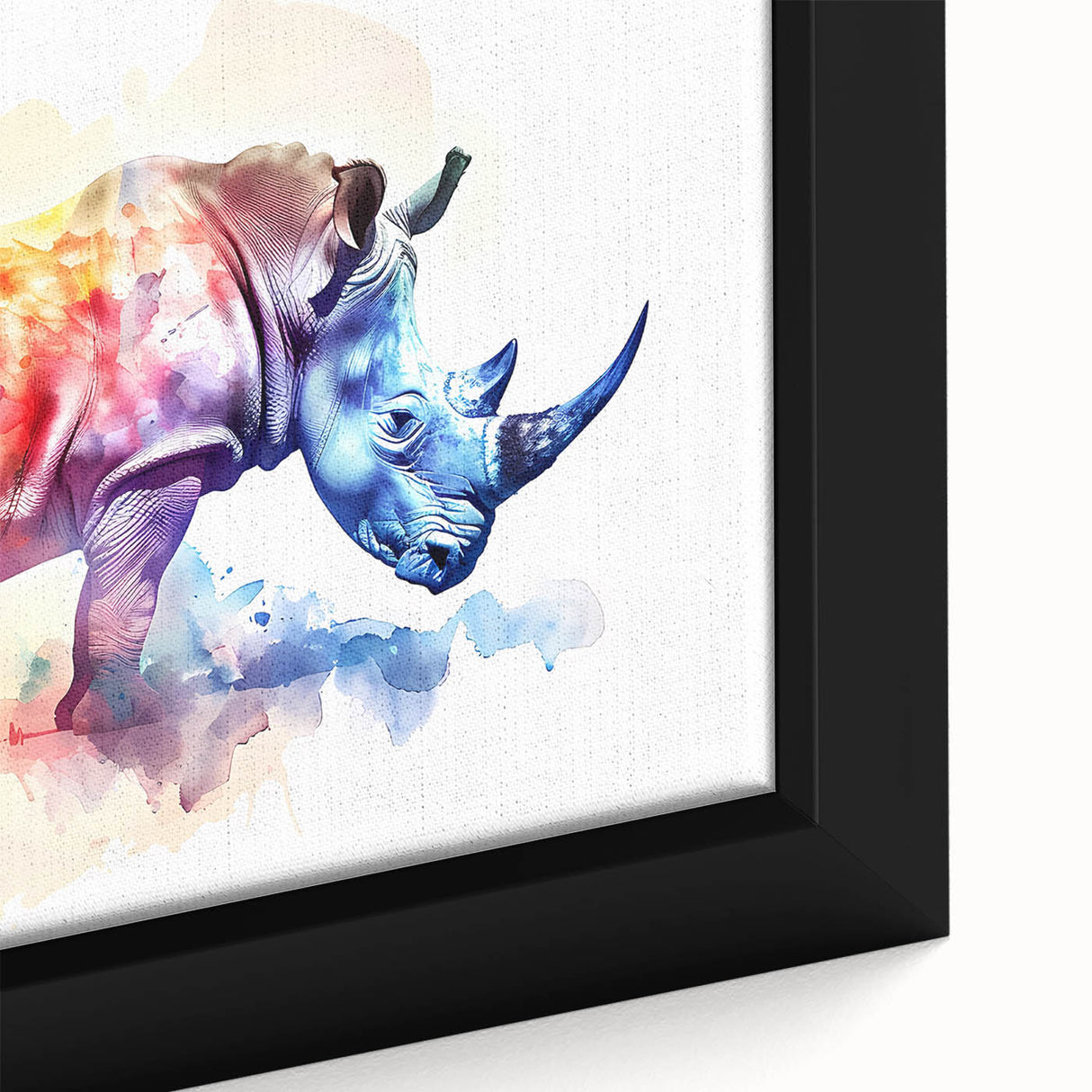 Close-up of a framed canvas wall art featuring a detailed rhinoceros design, showcasing realistic textures and colors, perfect for wildlife enthusiasts and home decor.