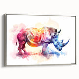 Framed wall art featuring a silver side view of a rhinoceros, showcasing intricate details and vibrant colors, perfect for wildlife enthusiasts and modern decor.