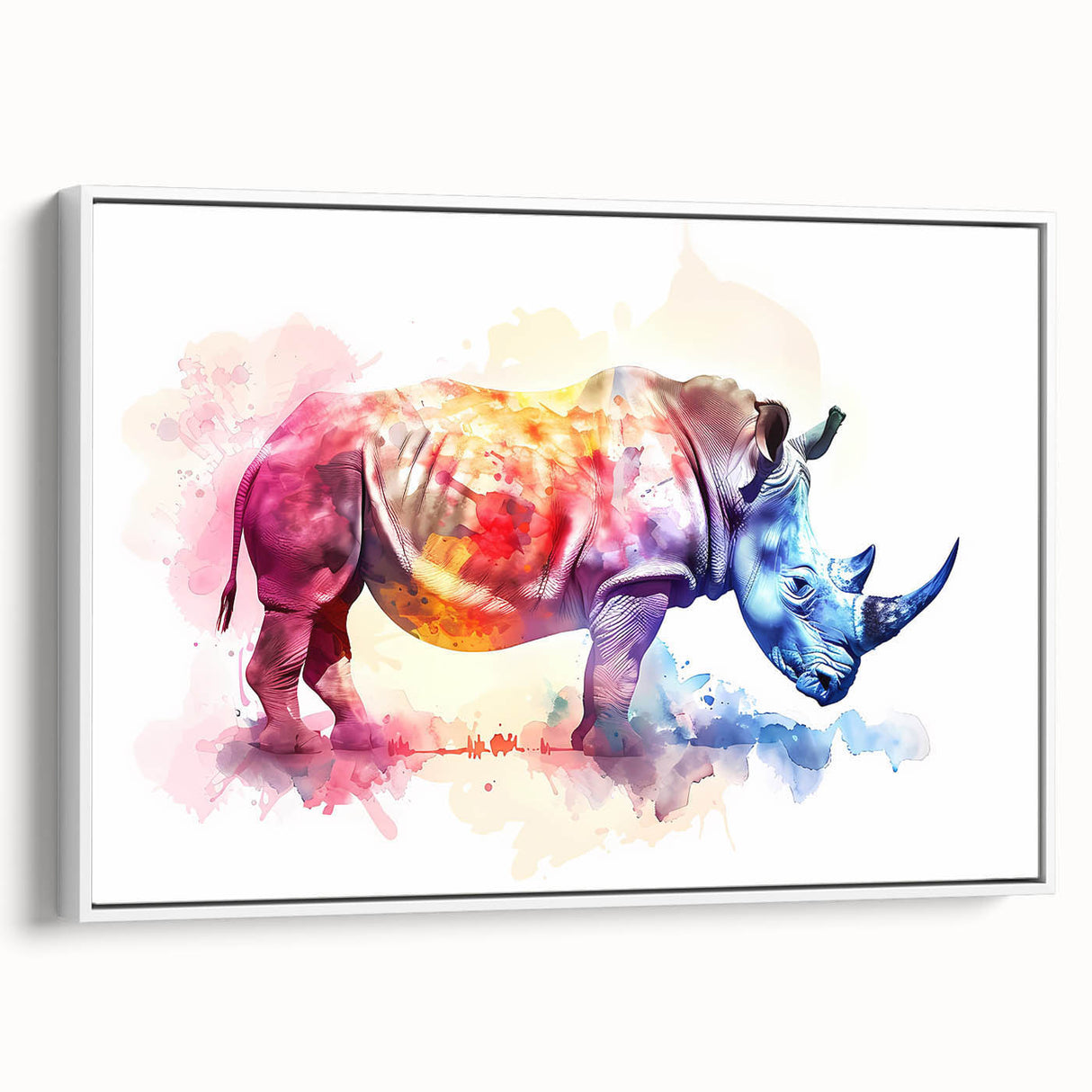 Framed wall art featuring a side view of a rhinoceros in a minimalist design, showcasing subtle grey tones with a white background, ideal for wildlife enthusiasts and modern decor.