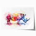 Detailed illustration of a majestic rhinoceros set against a vibrant jungle backdrop, showcasing intricate details and rich colors in this rolled wall art print. Ideal for wildlife enthusiasts and home decor.