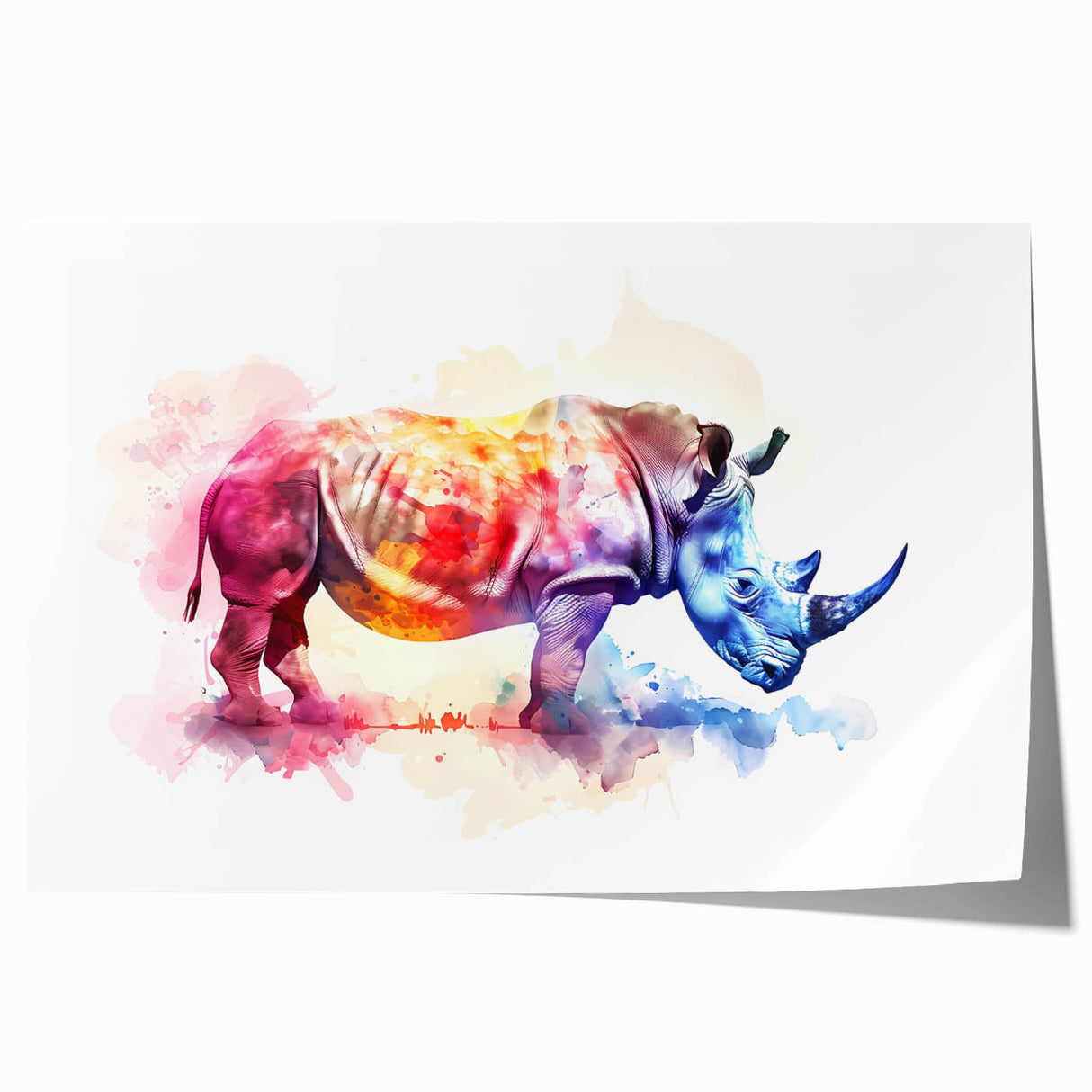 Detailed illustration of a majestic rhinoceros set against a vibrant jungle backdrop, showcasing intricate details and rich colors in this rolled wall art print. Ideal for wildlife enthusiasts and home decor.