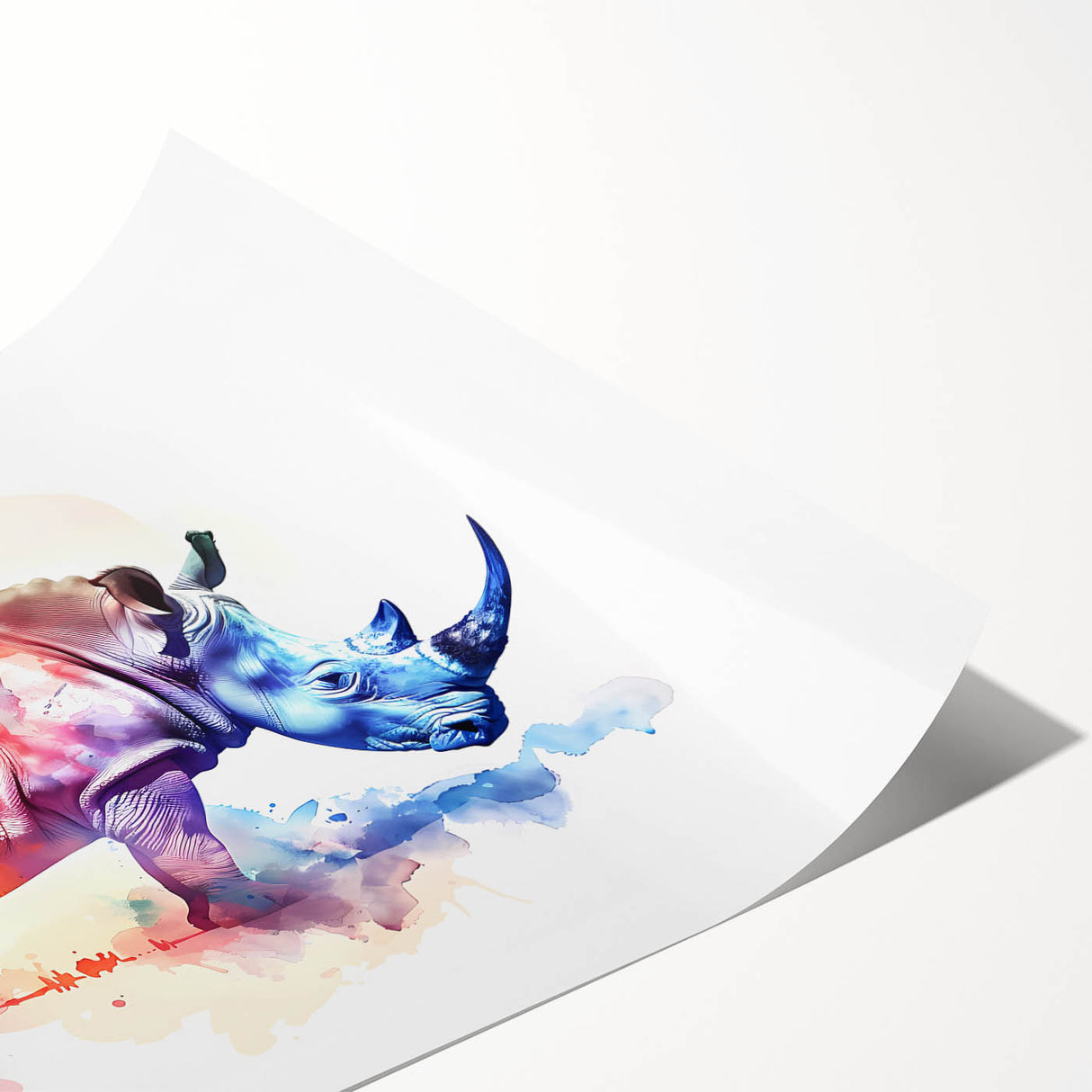 Detailed rolled print of a rhinoceros design from the 'Animals A Wild Life' collection, featuring vibrant colors and intricate patterns, perfect for wildlife enthusiasts.