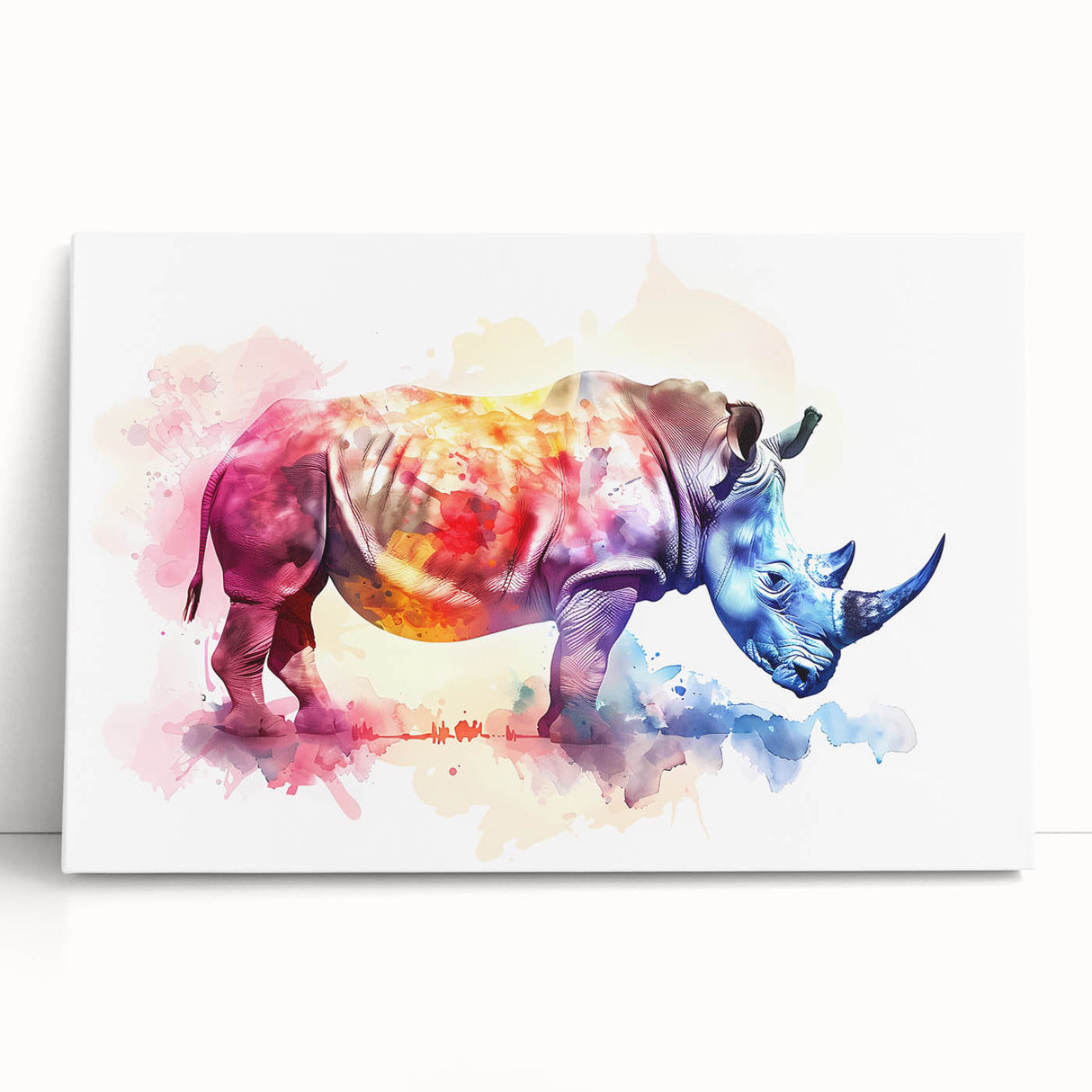 Rhinoceros wall art design on stretched canvas, showcasing a vibrant depiction of wildlife with rich colors and intricate details, perfect for animal lovers.