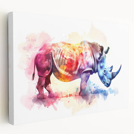 Stretched canvas artwork showcasing a side view of a rhinoceros, capturing its intricate details and textures, perfect for wildlife-themed decor.