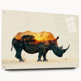 Side view of a unique acrylic glass wall art piece featuring a detailed rhinoceros design, showcasing vibrant colors and intricate textures, ideal for wildlife enthusiasts.