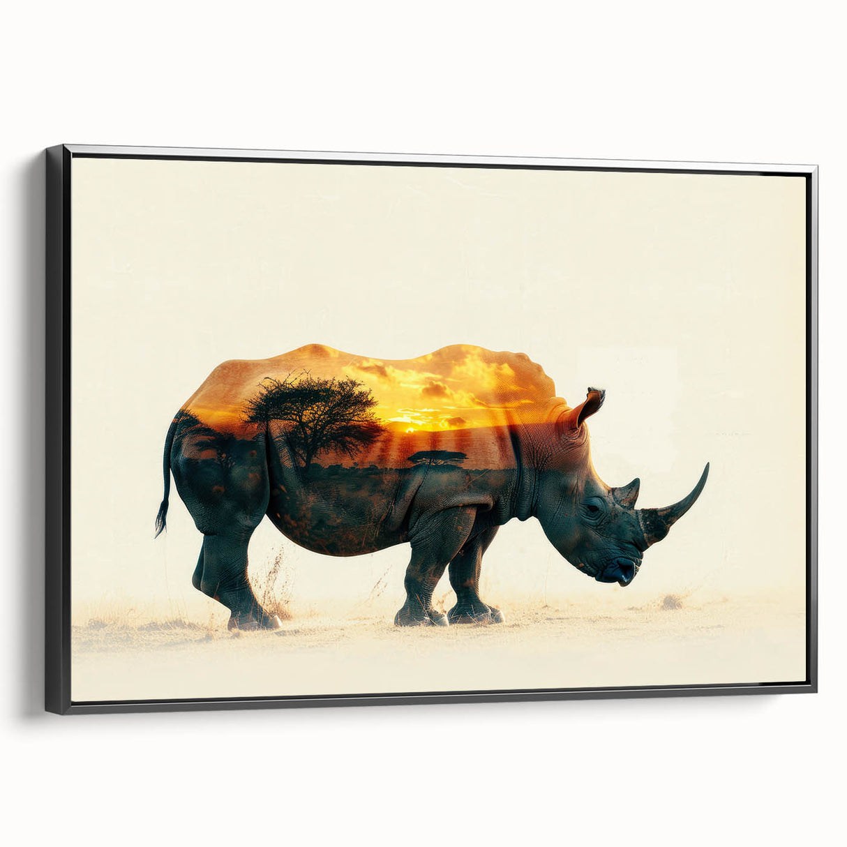 Framed wall art featuring a black side view of a rhinoceros, showcasing intricate details and textures, ideal for animal lovers and home decor enthusiasts.