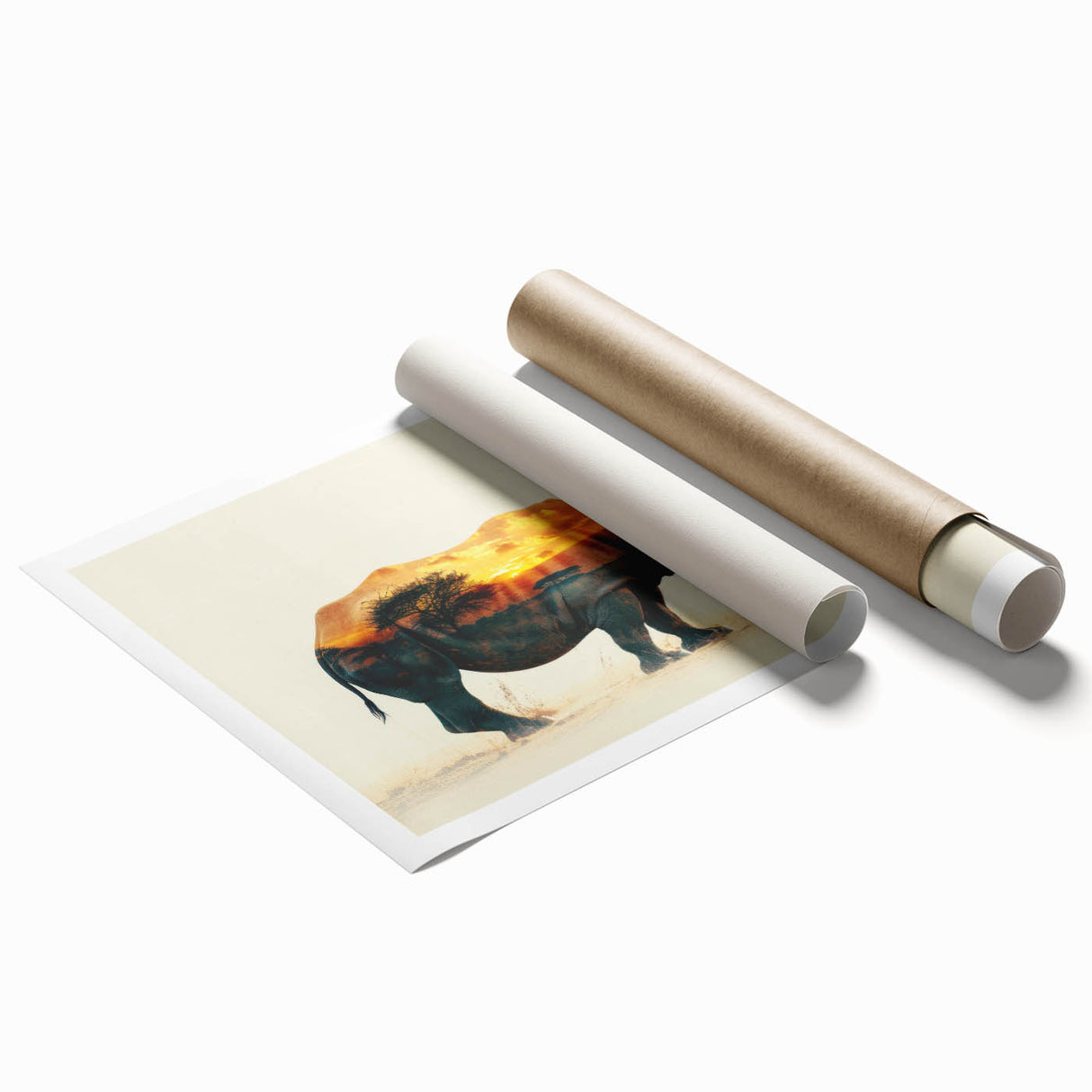 Rhinoceros-themed wall art print showcasing a detailed, vibrant illustration of a rhino in a natural habitat, ideal for wildlife enthusiasts and home decor.
