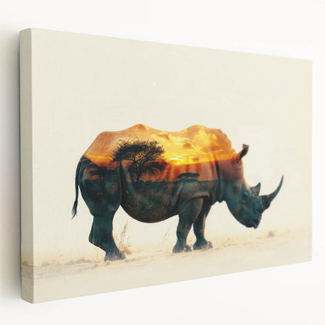 Stretched canvas wall art showcasing a side view of a rhinoceros, emphasizing its rugged textures and natural colors, perfect for wildlife enthusiasts and home decor.