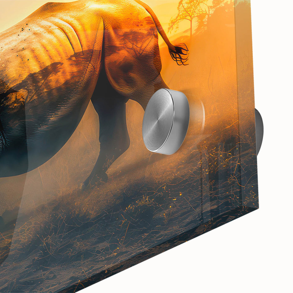 Close-up of a vibrant acrylic wall art piece showcasing a detailed rhinoceros design, capturing the animal's textured skin and natural colors, perfect for wildlife enthusiasts.