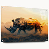 Side view of a sleek acrylic wall art piece showcasing a rhinoceros design, mounted with decorative pins, perfect for adding a wildlife theme to modern decor.