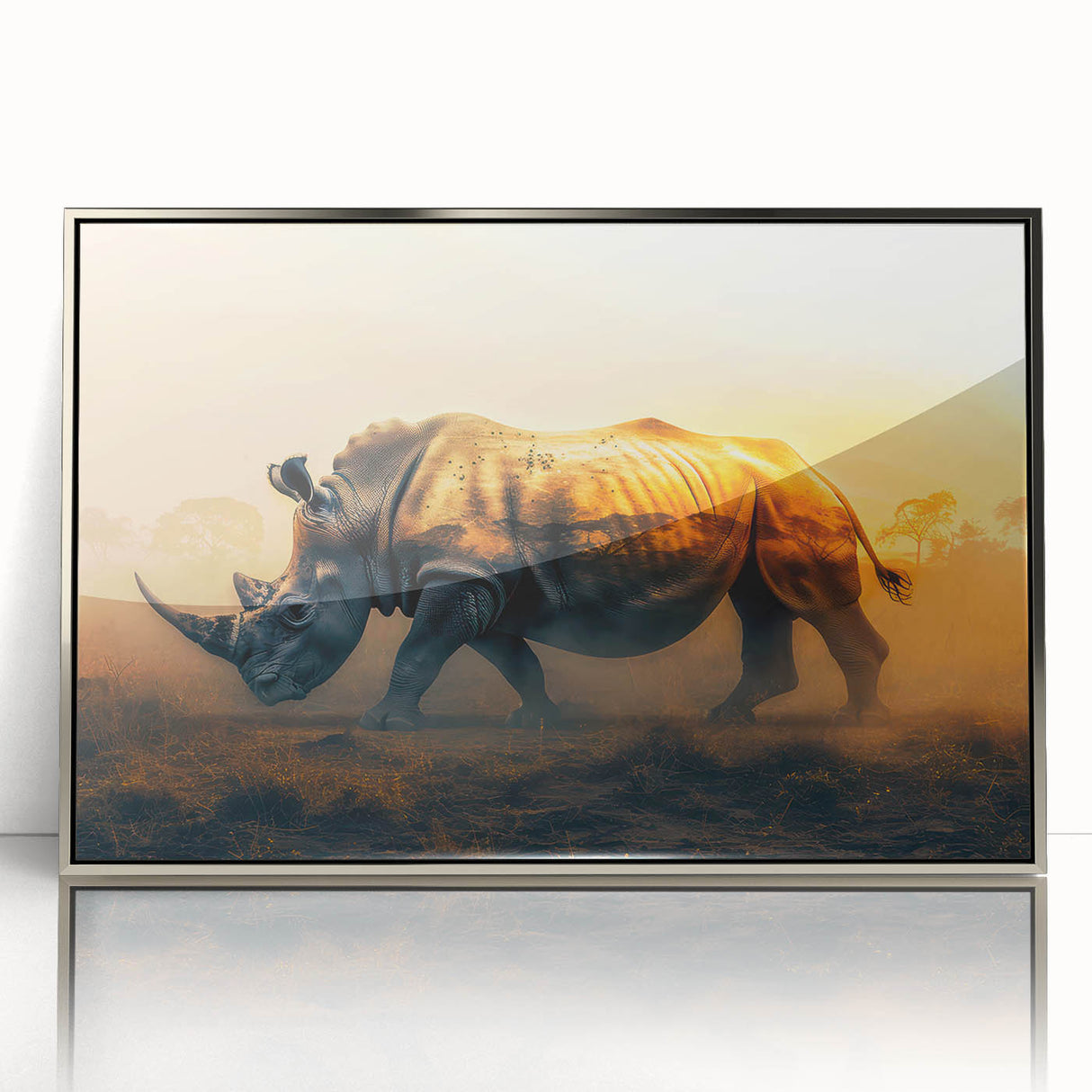 Framed wall art showcasing a detailed silver-acrylic design of a rhinoceros, emphasizing its majestic features and textures, perfect for wildlife enthusiasts' decor.