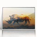Framed wall art featuring a striking white rhinoceros design, showcasing intricate details and vibrant colors, perfect for wildlife enthusiasts and home decor.