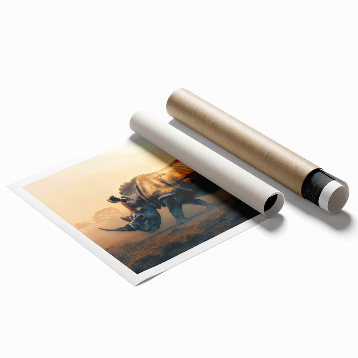 Rhinoceros wall art print showcasing a vibrant, stylized design with intricate details, rolled and securely packaged in a protective tube for easy display.
