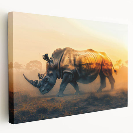 Side view of a beautifully designed stretched canvas wall art featuring a rhinoceros in a wild African landscape, showcasing vibrant colors and intricate details, perfect for wildlife enthusiasts and home decor.
