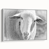 Framed canvas wall art depicting a serene sheep design, showcasing soft white and gray tones. The artwork is elegantly displayed from a side view, perfect for home decor.