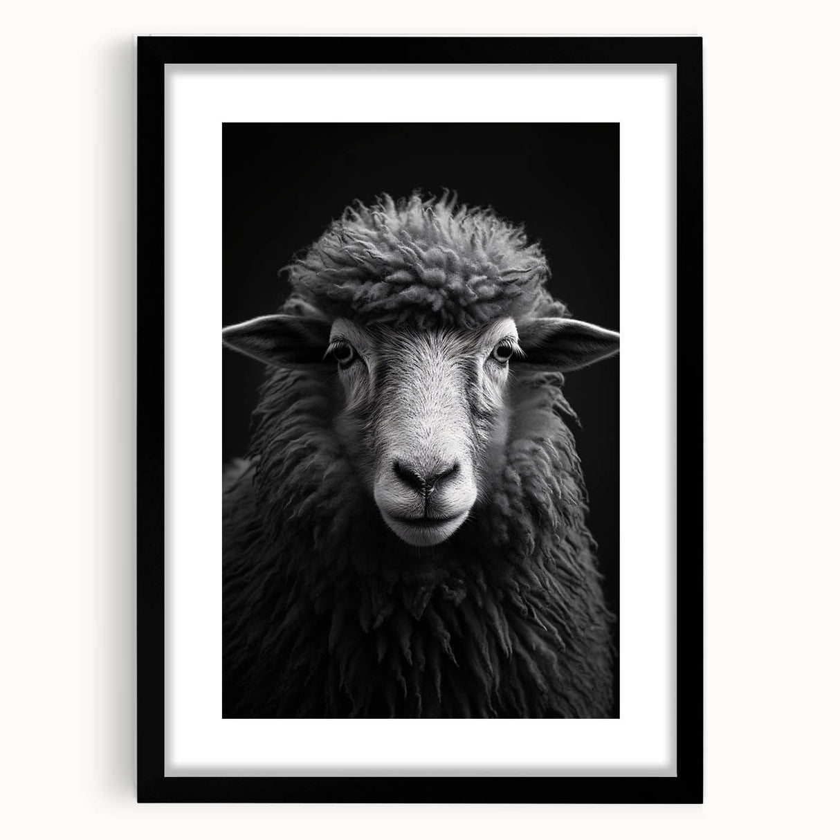 Black framed wall art featuring a sheep design from the "Animals: A Wild Life" collection, showcasing intricate details and a contemporary aesthetic suitable for home decor.