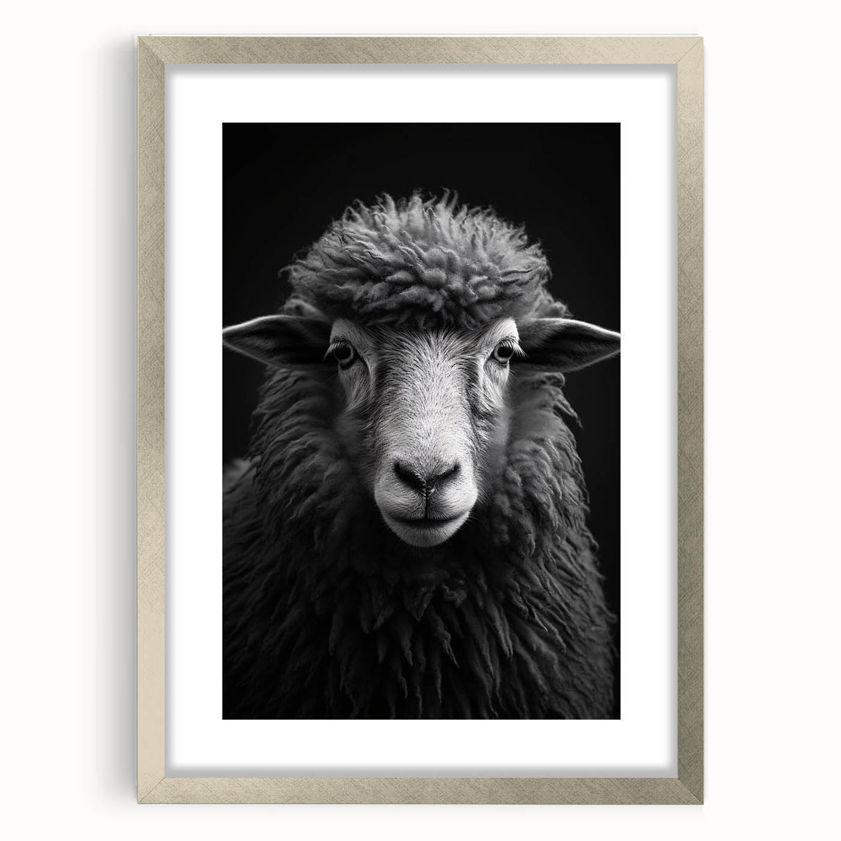 Framed wall art showcasing a sheep design from the "Animals of the Wild" collection, featuring a silver mat and modern aesthetic, perfect for home decor.
