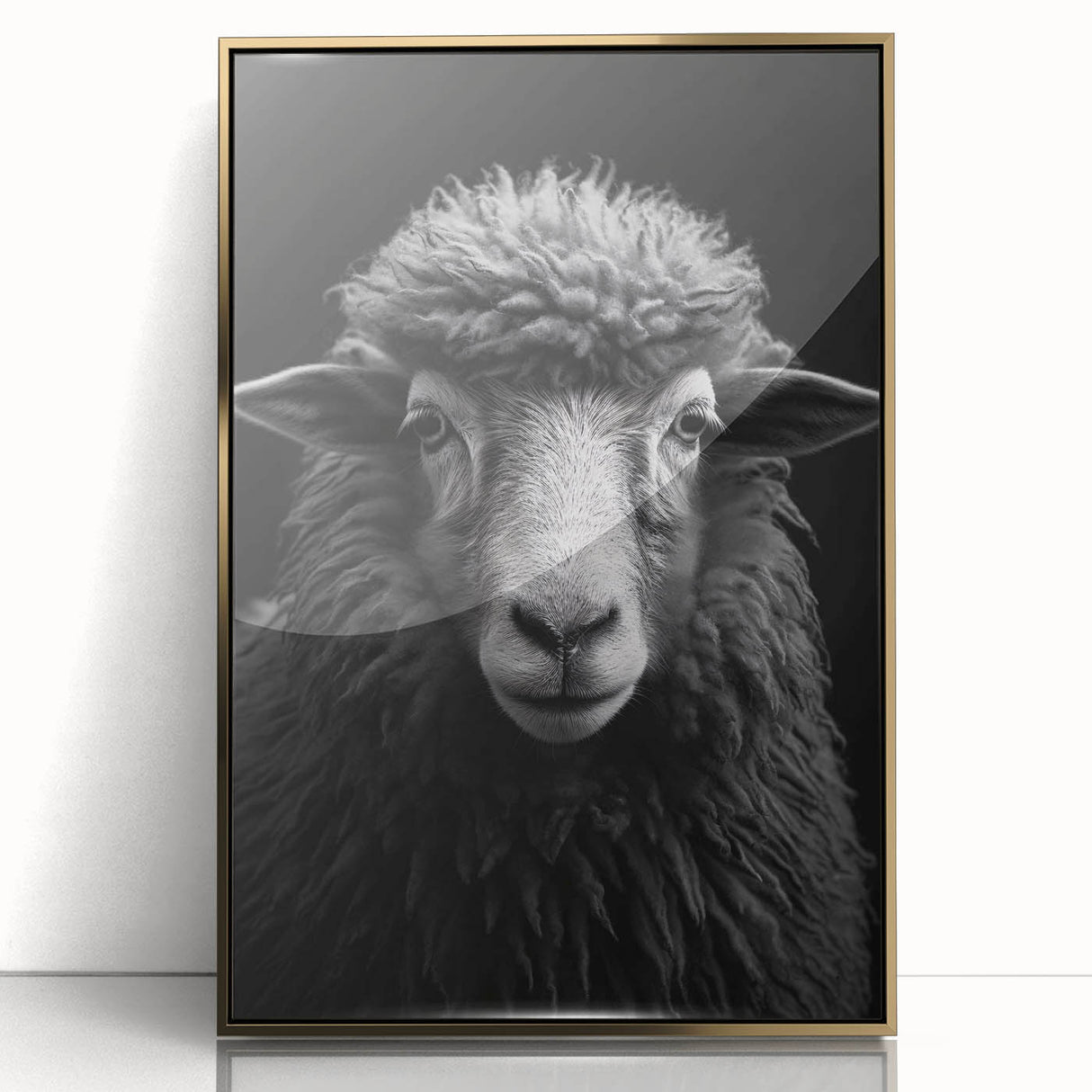 Framed wall art featuring a beautifully designed sheep in a wild landscape, showcasing intricate details and a gold acrylic frame, perfect for animal lovers and modern decor.