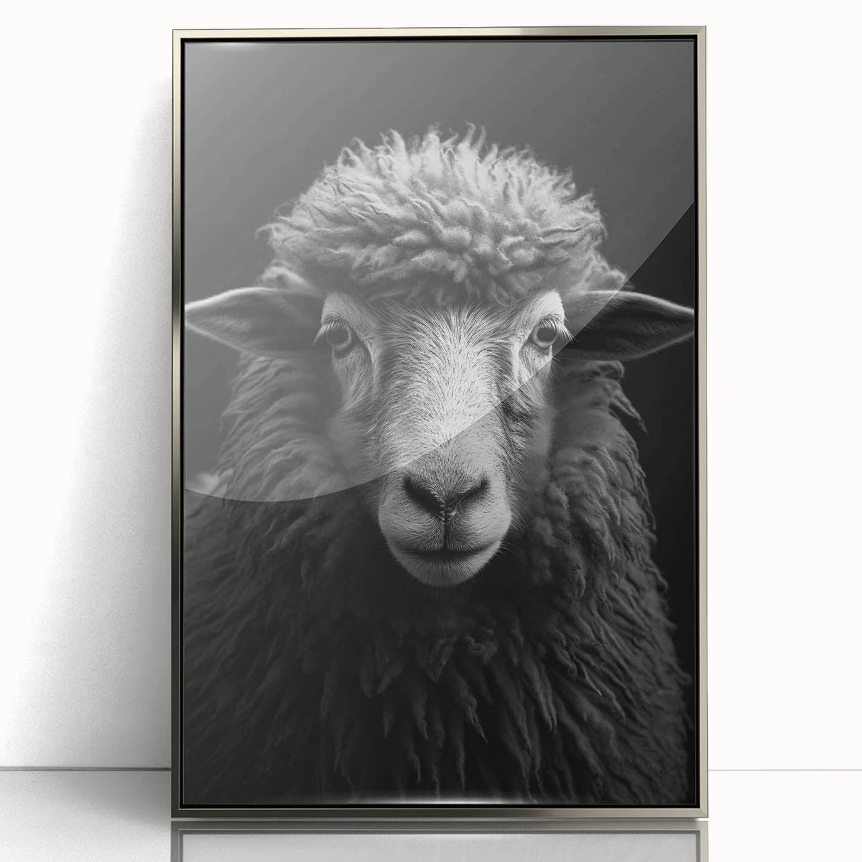 Framed acrylic wall art depicting a striking sheep design from the "Animals - A Wild Life" collection, featuring a sleek silver frame, perfect for animal lovers and modern decor.
