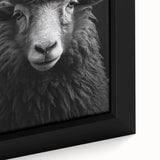 Close-up view of a framed canvas wall art featuring a detailed sheep design, showcasing soft textures and natural colors, perfect for animal lovers and home decor.
