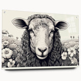 Acrylic glass wall art piece showcasing a vibrant sheep design, displayed in a side view with decorative pins, perfect for adding a unique touch to any room.