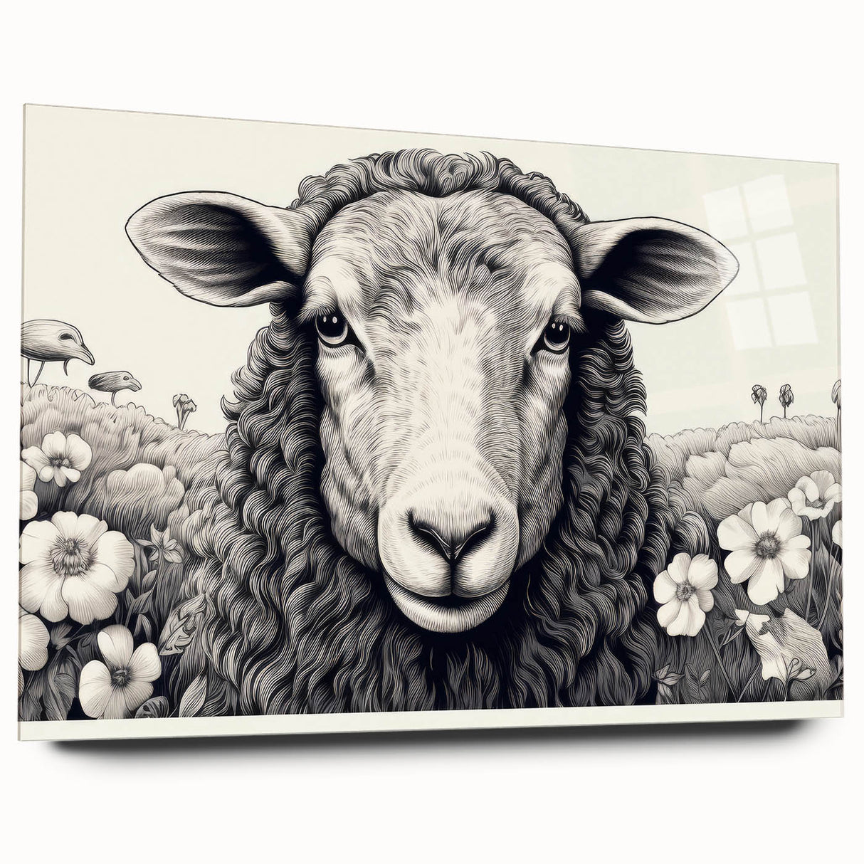 Acrylic glass wall art showcasing a detailed sheep design from the 'Animals of the Wild' collection, displayed in a side view without pins, emphasizing vibrant colors and intricate patterns. Perfect for animal lovers and home decor enthusiasts.