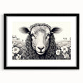 Black-framed wall art featuring a stylized sheep design from the "Animals A Wild Life" collection, set against a white mat, ideal for modern home decor.