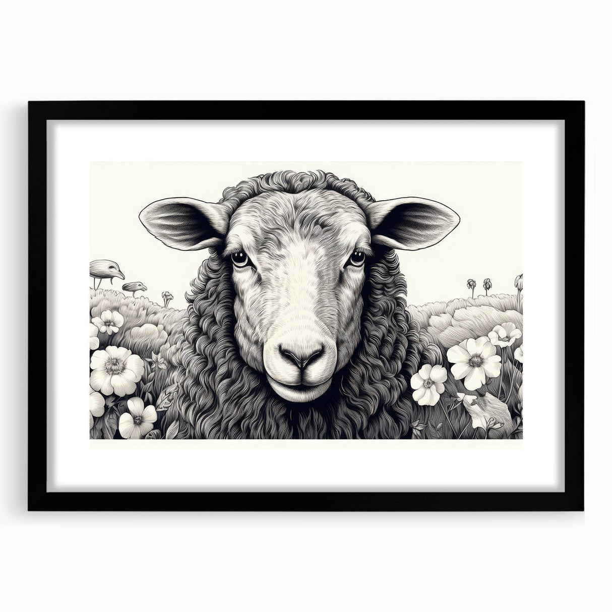 Black-framed wall art featuring a stylized sheep design from the "Animals A Wild Life" collection, set against a white mat, ideal for modern home decor.
