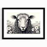 Black-framed wall art featuring a stylized sheep design from the "Animals A Wild Life" collection, set against a white mat, ideal for modern home decor.