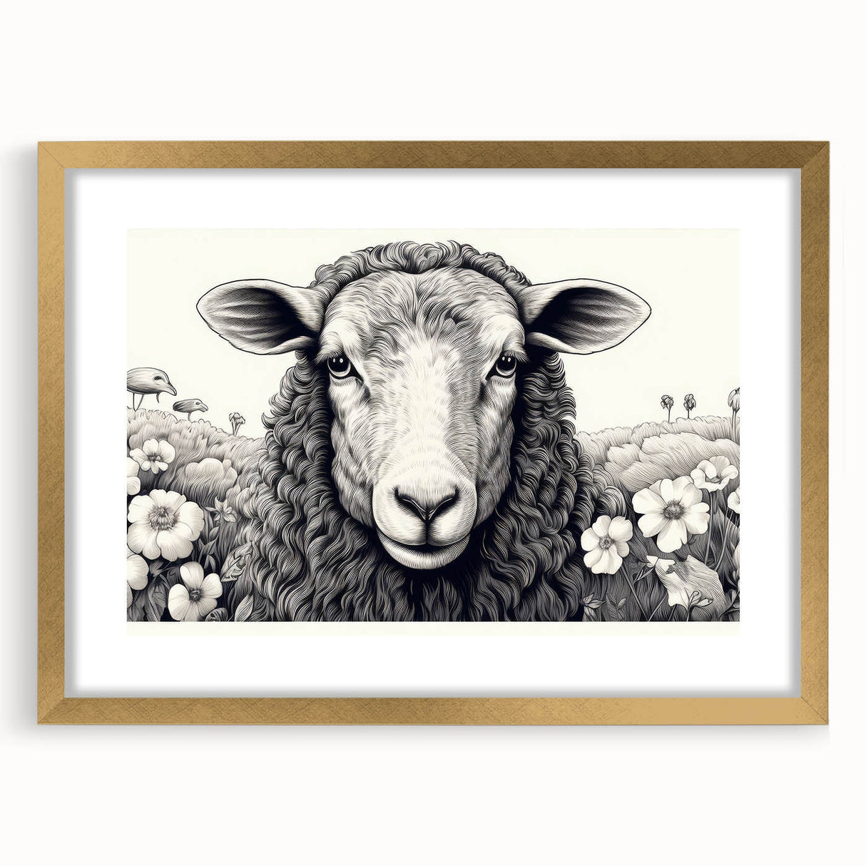Framed wall art featuring a whimsical sheep design from the "Animals A Wild Life" collection, showcased in a sleek gold frame with a white mat, perfect for home decor.